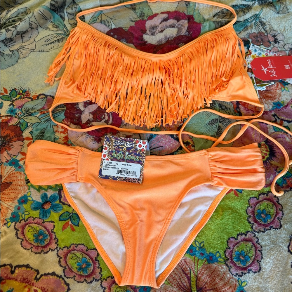 NWT LULI FAMA FULL SET COSITA BUENA HALTER FRINGE TRIANGLE IN WILD THING LARGE